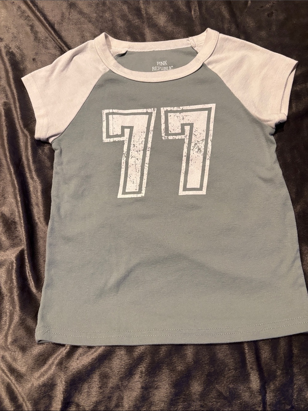 Pink Republic Short Sleeve Raglan Tee in Gray and White with '77 Graphic